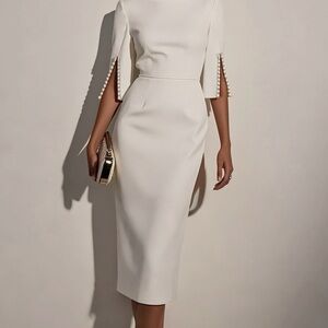 Fehaute Elegant White Midi Dress with Pearl Accents